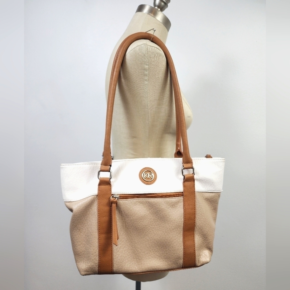 Kim Rogers Two Tone Shoulder Bag Cream Tan Faux Leather Tote
